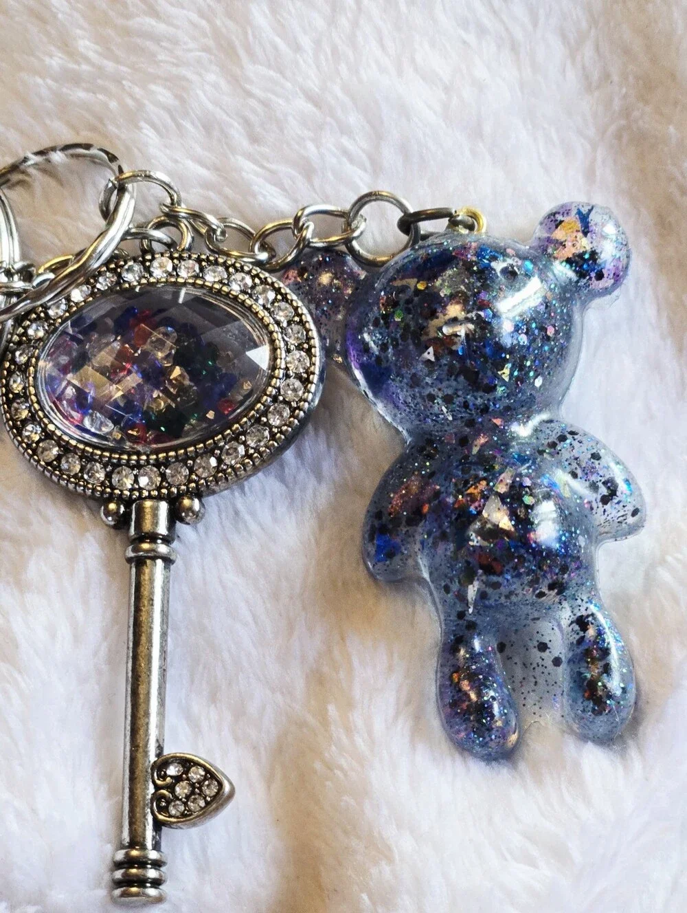 Handmade Blue Glitter Bear Keychain with Decorative Key Charm